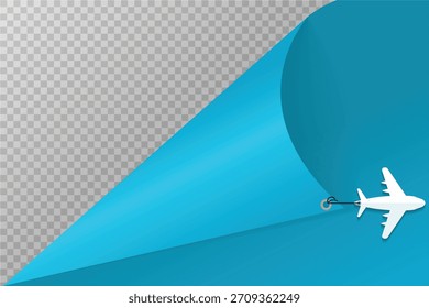 Gelockte blaue Papierecke mit einem kleinen Flugzeug, das Reise, Luftfahrt und kreatives Design darstellt.