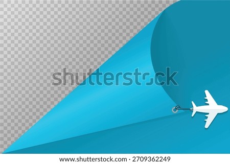 Curled blue paper corner with a small airplane, representing travel, aviation, and creative design.