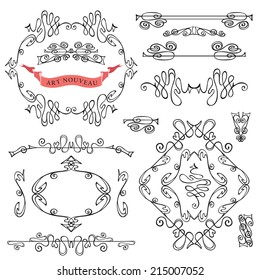 Curled calligraphic design elements set.Swirling decor elements,frame,borders,ribbon,arrows.For Wedding  invitation,save the date card,restaurant menu.Decor in style of art Nouveau.Vector.