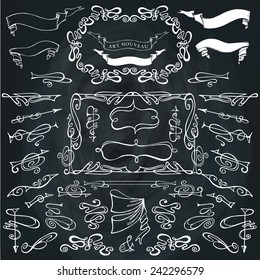 Curled calligraphic design elements set.Swirling decor elementsÃ?Â?Ã?Â¡borders,ribbons,arrows on Chalkboard.For Wedding  invitation,save date,Valentine card,restaurant menu.Art Nouveau style.Vector