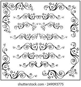 Curled calligraphic design frame corner elements. Vector set isolated on white.