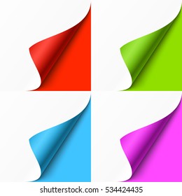 Curled colored corners set on color background. Vector illustration.