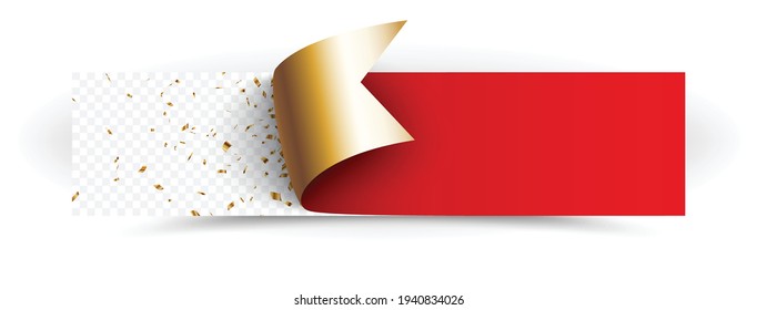 Curled corner of gold and red  paper with shadow and confetti