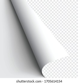 Curled corner of paper on transparent background with soft shadows, realistic paper page mock up.