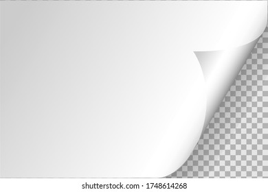 Curled corner of paper on transparent background with soft shadows, realistic paper page mock up.