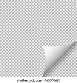 Curled corner of paper with shadow on transparent background. 
