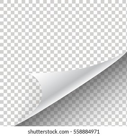 Curled corner of paper with shadow on transparent background. Vector illustration