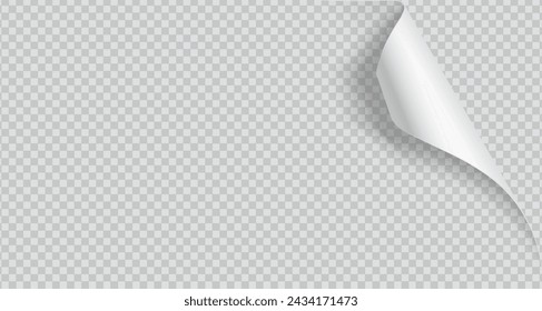 Gekrümmte Ecke des Papiers mit einer realistischen Schattenvektordarstellung. Büroausstattung. Drehen der Notizbuchseite 3D-Modell auf transparentem Hintergrund