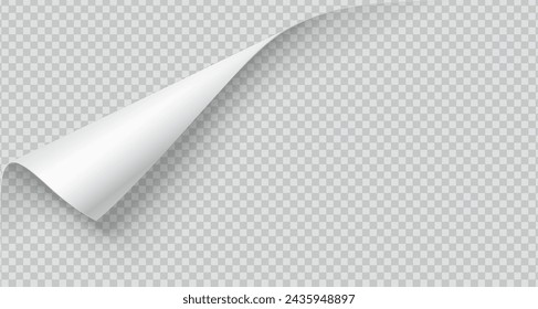 Curled corner of paper with shadow realistic vector illustration. Office essentials. Turning notebook page 3d model on transparent background