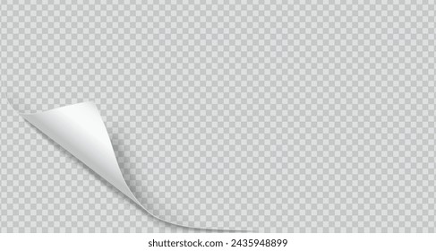 Curled corner of paper with shadow realistic vector illustration. Office essentials. Turning notebook page 3d model on transparent background