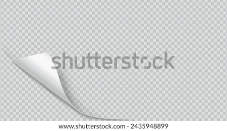 Curled corner of paper with shadow realistic vector illustration. Office essentials. Turning notebook page 3d model on transparent background