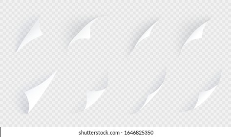Curled corner set with different angles shadows isolated on transparent background. Abstract flipped paper pages in row, curved paper sheet realistic mock up. Vector bent up corner illustration.