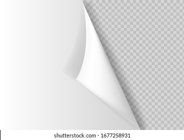 Curled corner with shadow on transparent background realistic vector illustration.