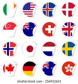 Curled corner stickers set with flags of the most developed countries in the World
