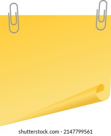 Curled corner sticky note fastened with metal paper clips