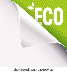 Curled corner of white paper on a green right top angle background. Eco slogan sign with leaves. Vector illustration.