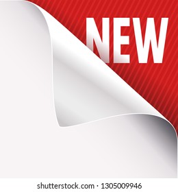 Curled corner of white paper on a red right top angle background. New slogan sign. Vector illustration.