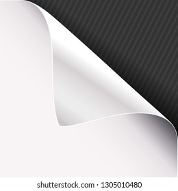 Curled corner of white paper on a black right top angle background. Vector illustration.