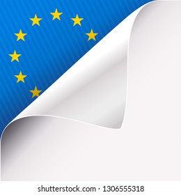 Curled corner of white paper on a blue left top angle background with European Union sign. Vector illustration.