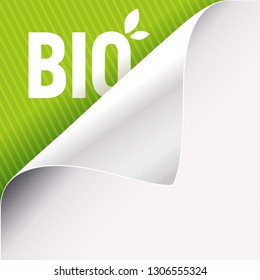 Curled corner of white paper on a green left top angle background. Bio slogan sign with leaves. Vector illustration.