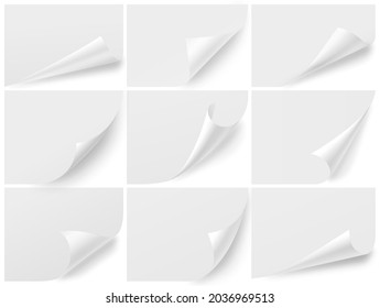 Curled corners blank sheets. Isolated paper mockup, curl note page. Turn up edge, realistic notes stickers with curved effect exact vector flyers template