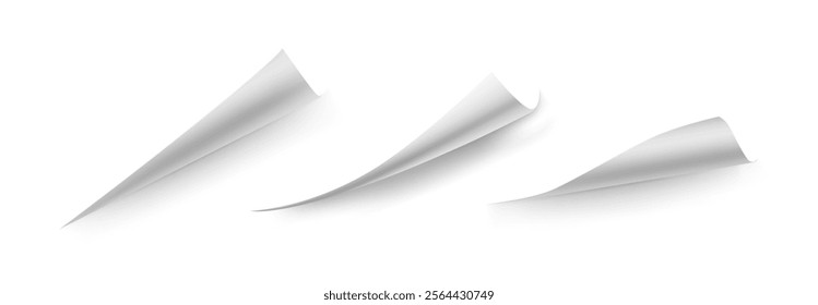 Curled corners of book leaf mockup. Vector a4 paper edges, curve pages endpoints and bent document angles with realistic shadow. Folded piece of blank sheet, rolled up or warped parchment or brochure