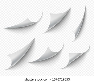 Curled corners. White transparent empty curve pages vector realistic template