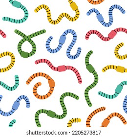 Curled earthworms seamless pattern. Colored worms background. Invertebrate crawling worms hand drawn pattern