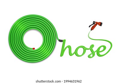 Curled garden hose isolated on white background. Green spray hose for irrigation. Vector illustration.