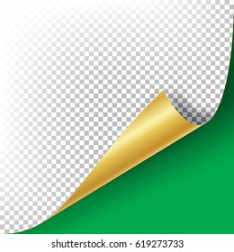 Curled Golden Metallic Corner Vector. White Paper with Shadow Mock up Close up Isolated on Transparent Background