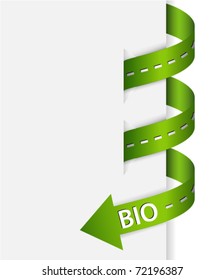 Curled green ribbon with text BIO