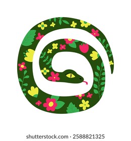 A curled green snake with a floral pattern forms an elegant, decorative design.