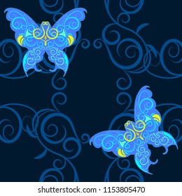 Curled lines and butterflies. Seamless vector pattern.