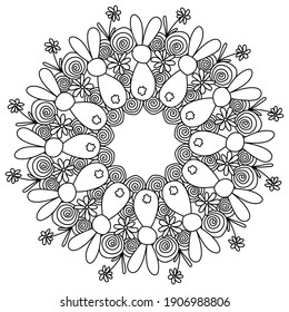 Curled mandala with spirals and silhouettes of bunnies, Easter coloring page in the form of a round frame with patterns vetor illustration