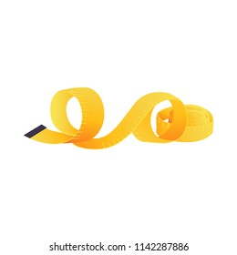 Curled measuring tape icon. Cartoo orange measurement tool, symbol of accuracy, construction, fitness and dieting. Vector isolated illustration.