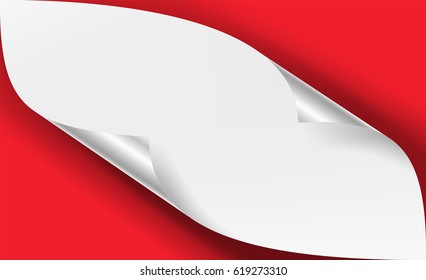 Curled Metallic Corner Vector. Realistic Paper With Soft Shadow Mock Up Close Up Isolated. Red Background