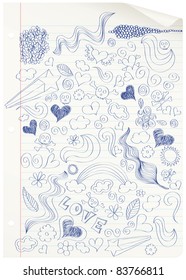 Curled notebook page with doodles. CMYK with global colors file.