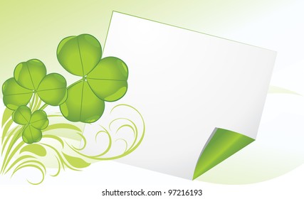 Curled page with clover. Festive banner. Vector