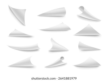 Curled page corner. Flipping book effect. Paper edges, curve pages corners and papers curls. Realistic shadows of blank curling papers Isolated 3d vector set