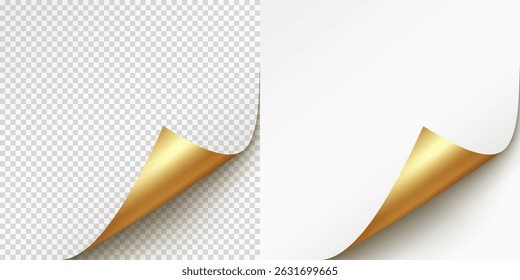 Canto de página ondulado isolado em fundo transparente e branco. Borda de papel de curva em branco, folha dobrada, ângulo de nota com sombra realista. Vetor enrolado adesivos, faixas de casca