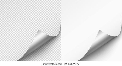 Curled page corner isolated on transparent and white background. Blank curve paper edge, bent sheet, note angle with realistic shadow. Vector rolled up stickers, peel banners