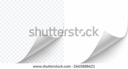 Curled page corner isolated on transparent and white background. Blank curve paper edge, bent sheet, note angle with realistic shadow. Vector rolled up stickers, peel banners