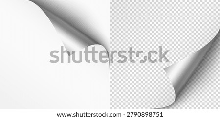 Curled page corner isolated on transparent and white background. Blank curve paper edge, bent sheet, note angle with realistic shadow. Vector rolled up stickers, peel banners