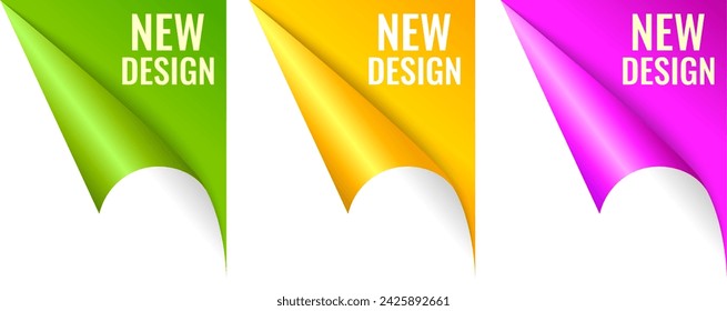 Curled up page corner, new design announce message. Rolled paper corners set, color flat illustration isolated on white background