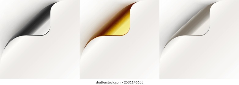 Esquina acurrucada de la página, nuevo mensaje de anuncio de diseño. Conjunto de esquinas de papel enrollado. Ilustración vectorial