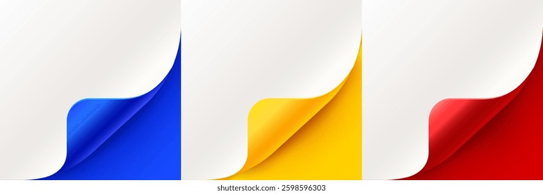 Curled up page corner, new design announce message. Rolled paper corners set. Vector illustration