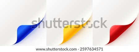 Curled up page corner, new design announce message. Rolled paper corners set. Vector illustration