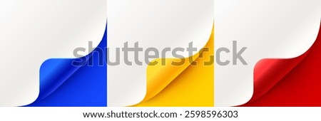 Curled up page corner, new design announce message. Rolled paper corners set. Vector illustration