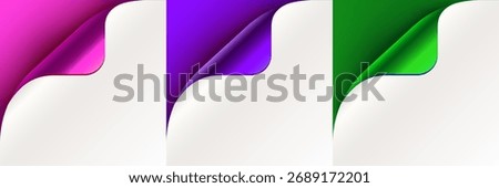 Curled up page corner, new design announce message. Rolled paper corners set. Vector illustration
