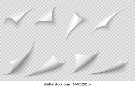 Curled page corner. Paper edges, curve pages corners and papers curls with realistic shadow. Flipping book page, blank curling papers corner. Isolated 3d vector illustration signs set